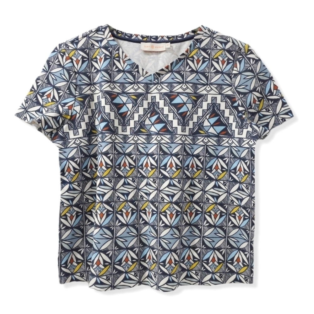 TORY BURCH Multi-color Geometric Short Sleeve Vneck Raw Hem Crop Top, Size S